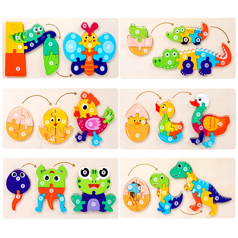 Cartoon animal 3D puzzle DIY building block shape combination board preschool education educational game wooden puzzles for kids