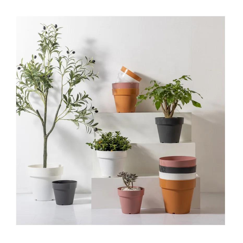 Decorative Round Colorful White Plastic Vases Nursery Cylinder Flower Pots Planters