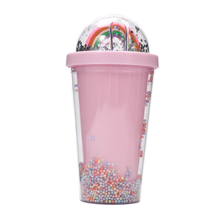 Creative Rainbow Micro Landscape Plastic Water Cup Fashion Women Straw Cup Double Layer Color Bead Cold Drink Cup