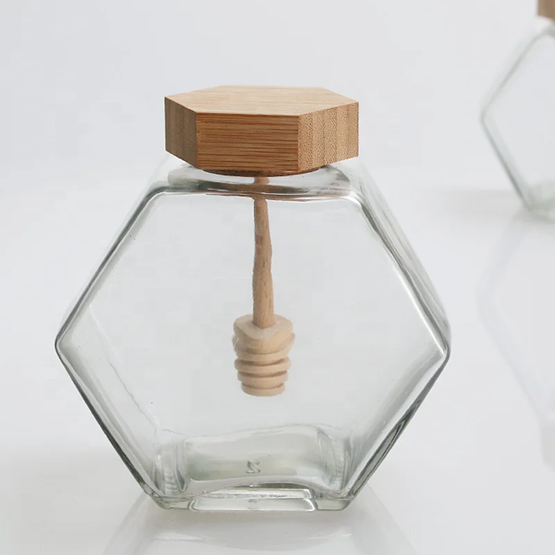 Шестигранная стеклянная банка объемом 220 мл для герметичного хранения меда, пустая банка для сахара, стеклянные банки для хранения с деревянными крышками