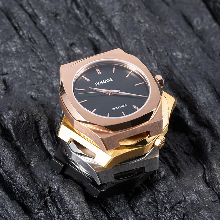 BOMAXE Vintage Watch Men 2time In Wristwatches Mosinite Diamonds Gold SA6190 Quartz Watch Men Watch Luxury Men