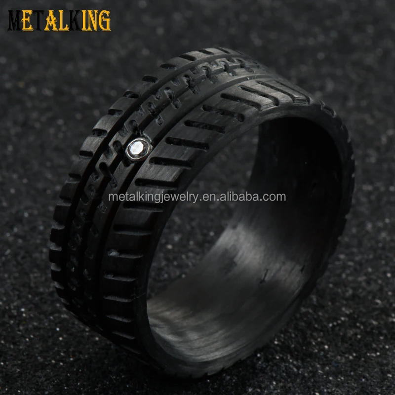 10mm Truck Tire Pattern and A Cubic Zirconia Inlay Black Carbon Fiber Wedding Band Ring for Men