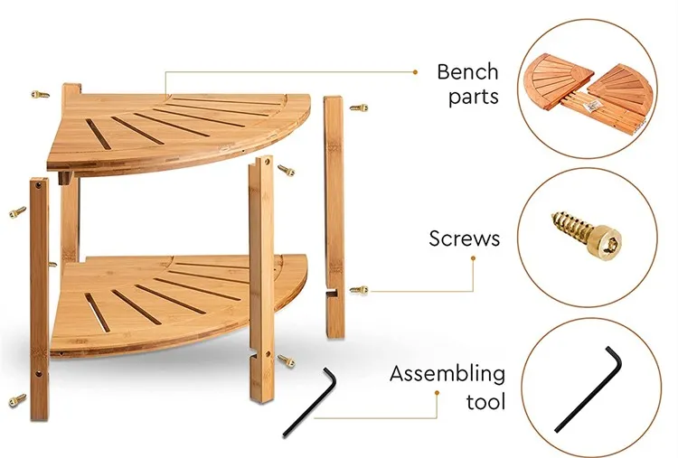 Bathroom Bamboo Corner Bath Bench Shaving Stool Non-Slip Multi-Purpose Wood 2-Tier Shower Chair Seat With Organizer Shelf