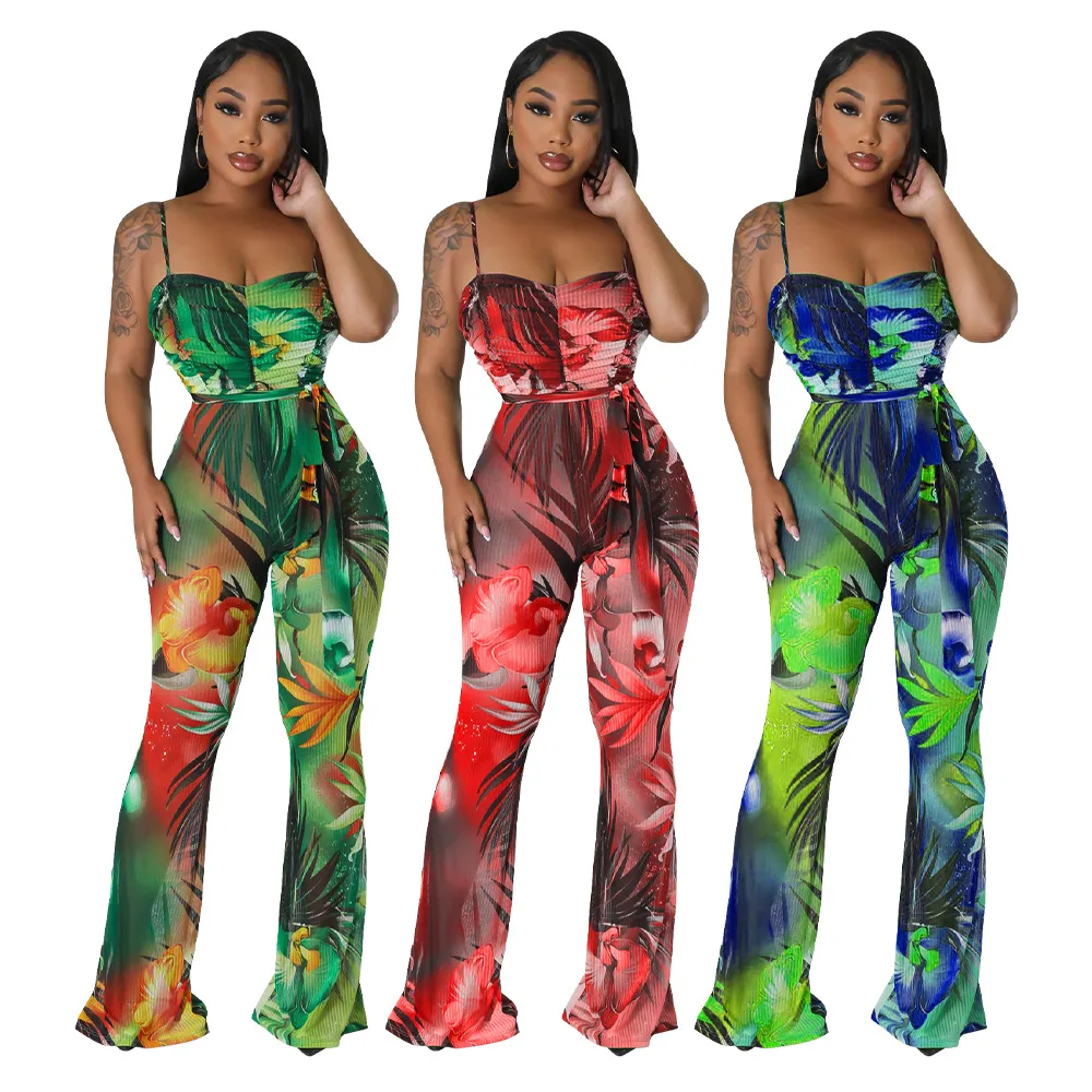 J&H summer 2023 sexy floral jumpsuits slim fit sleeveless flared pants outfits women fashion rompers