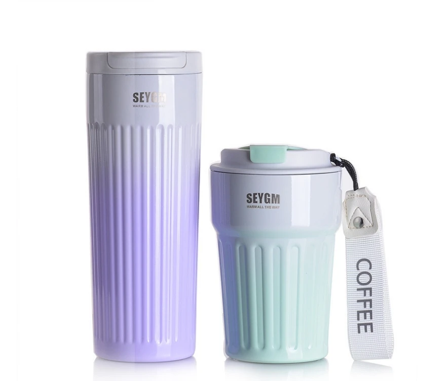 Hot sale Seaygift 2024 fashion custom vacuum Insulated water bottle vertical coffee mug gradient color coffee cup with stripe