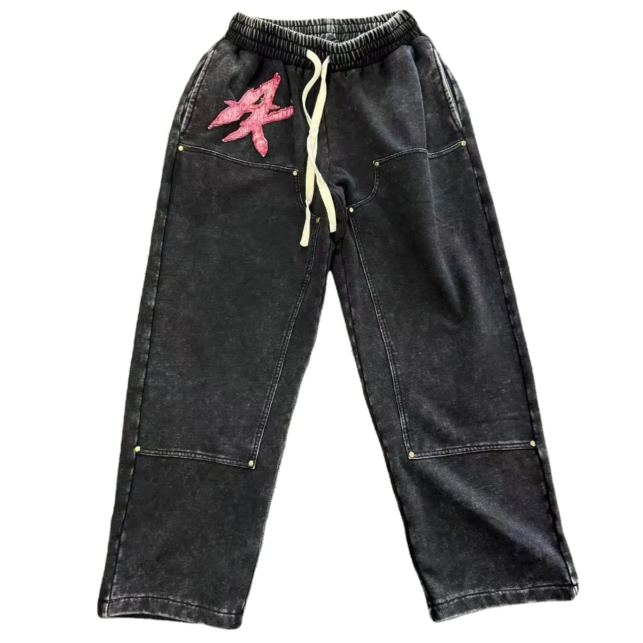 Sunton garment french terry cargo pants acid washed vintage street wear sweatpants with drawstring double knee pants