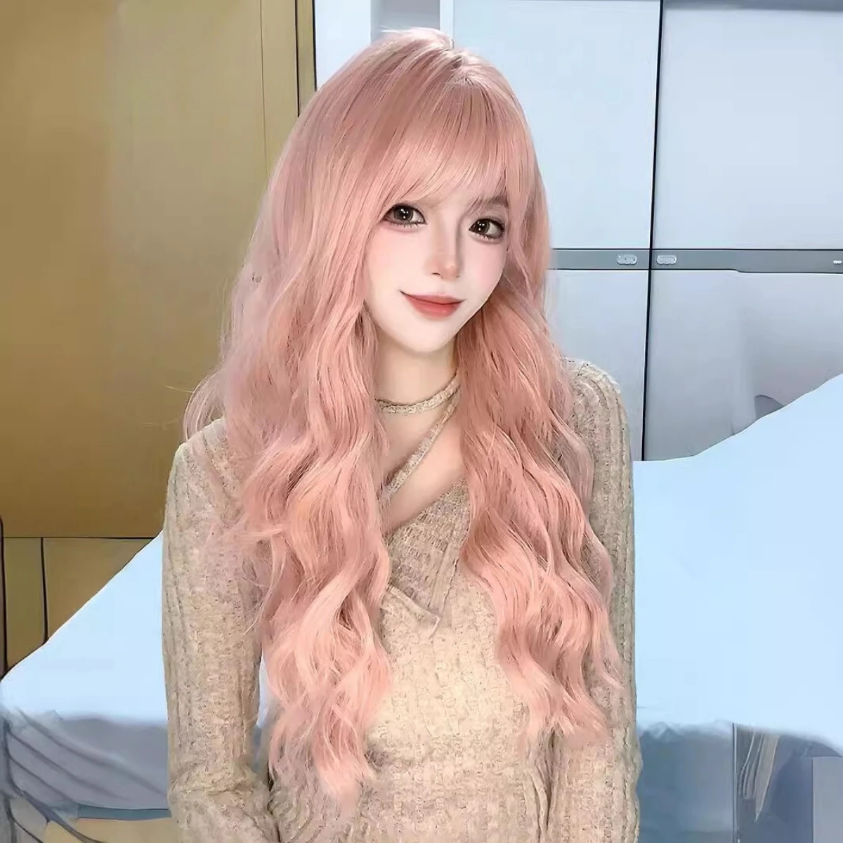 Anxin Long Natural Wavy Pretty Pink Synthetic Wigs with Bangs for Women Daily Use Cosplay