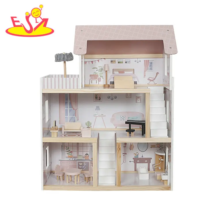 New Design Girls Pretend Play Wooden Dollhouse Toy with Accessories W06A413I