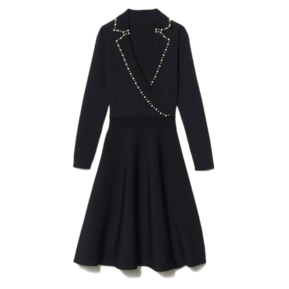 High quality ODM turn down collar long sleeve spring ladies knitted suit women formal elegant office dresses