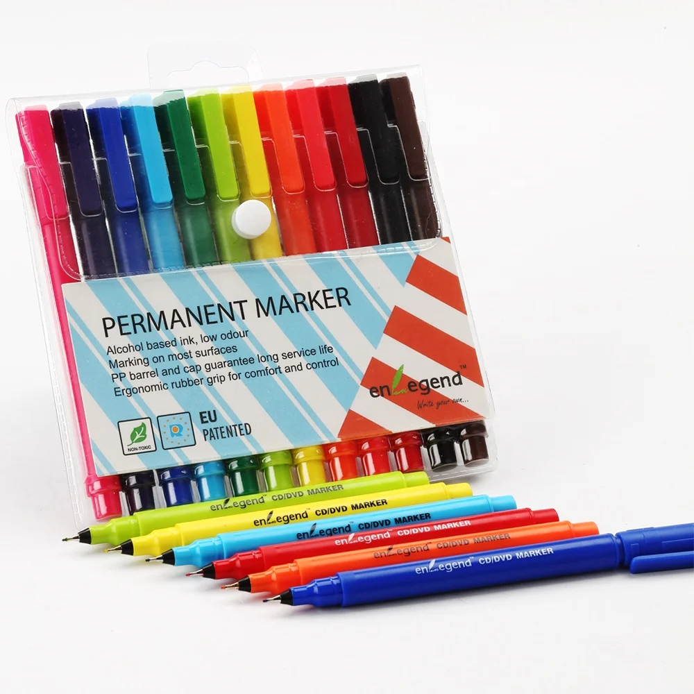 12pcs RTS Long Barrel Assorted Colors CD DVD Pen Style Permanent Marker Pen Set