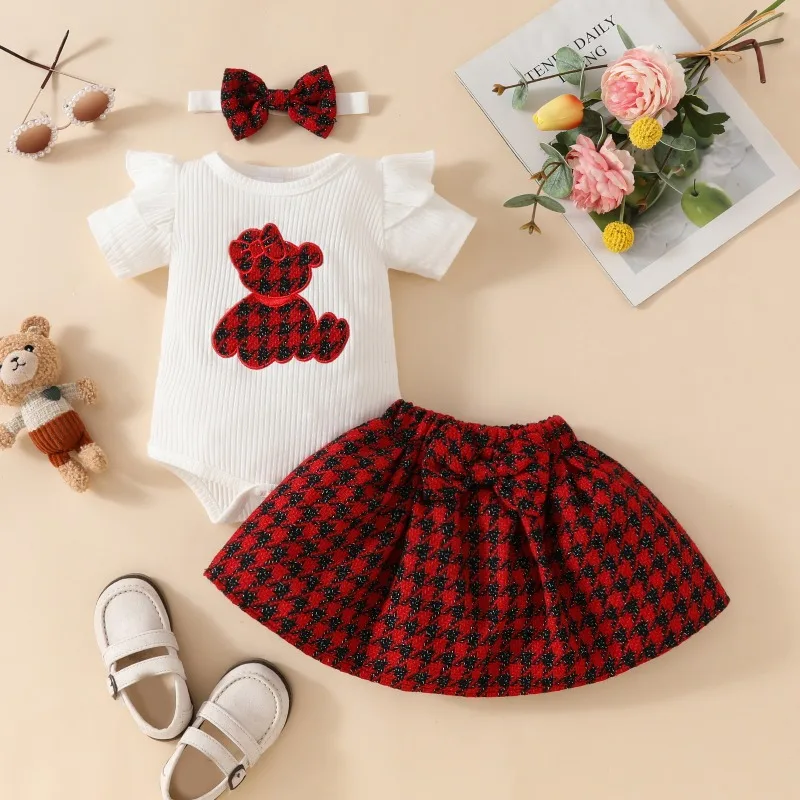 baby clothes set 0-3 month wholesale baby boy summer clothes set baby new born clothing sets embroider bodysuit +skirt+headband