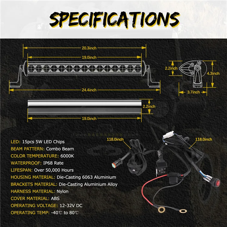 20 Inch 75W 12V 24V Slim Waterproof Straight LED Light Bar With Wiring Harness