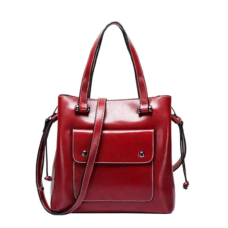 2019 China Fashion Oil Wax Genuine Leather Bag Large Capacity Tote Bag Big Ladies Cowhide Shoulder Bags