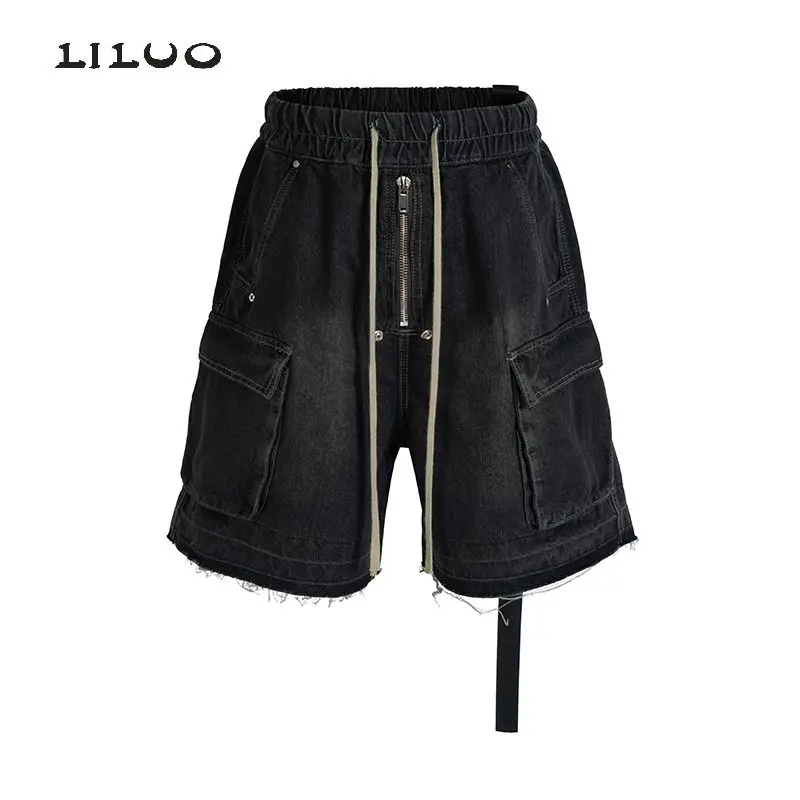 Custom denim tear shorts men cargo pants High Quality Distressed Wash Jeans Vintage Tassels Drawstring Denim Short jeans For Men