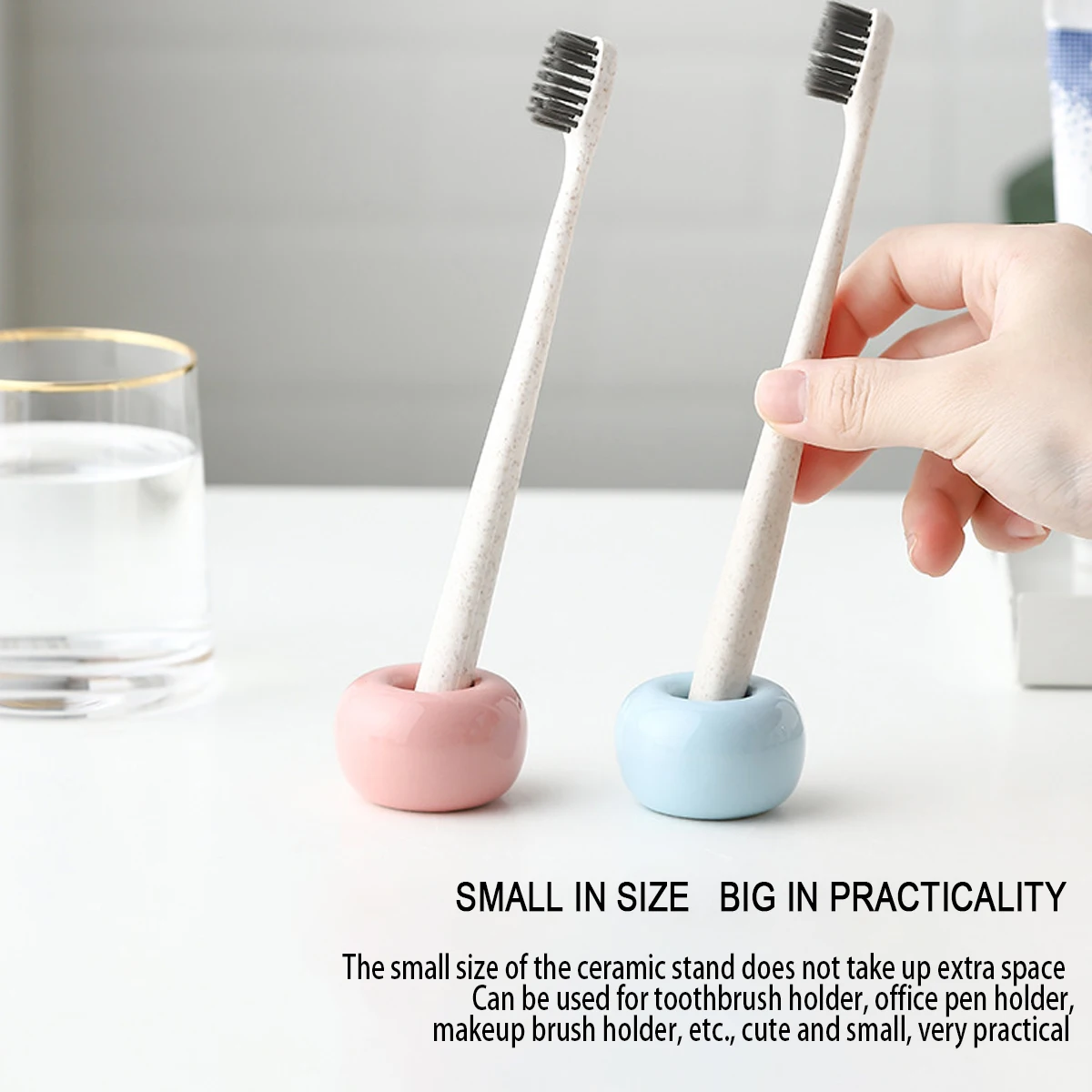 RAYBIN 3 pieces bathroom round small mini ceramic toothbrush holder stand for toothbrush