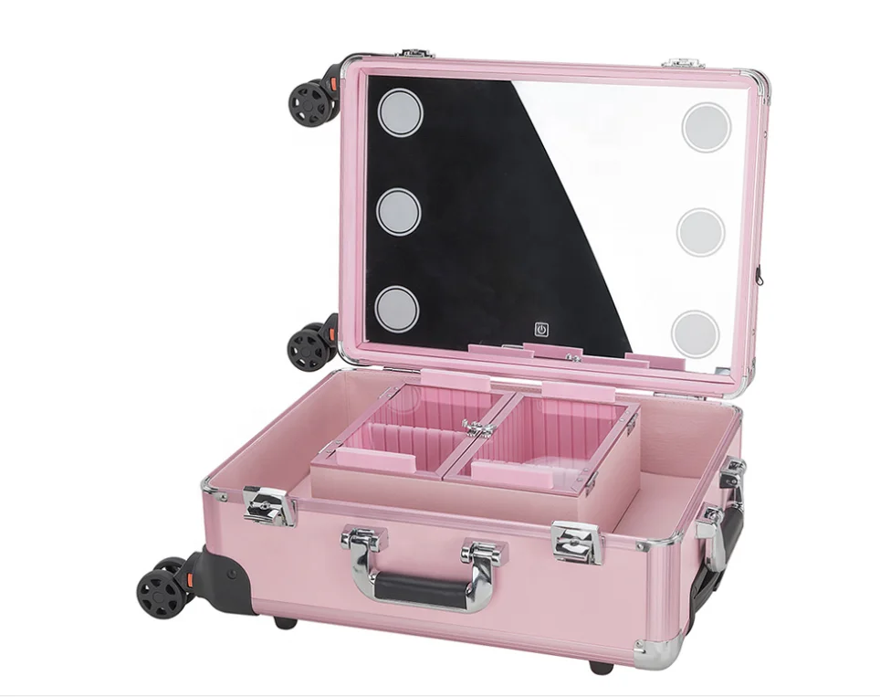 Black pink  golden 6 LEDs Makeup Station Train Case 360 degree Removable Travel Wheels Studio Artist for Artist makeup