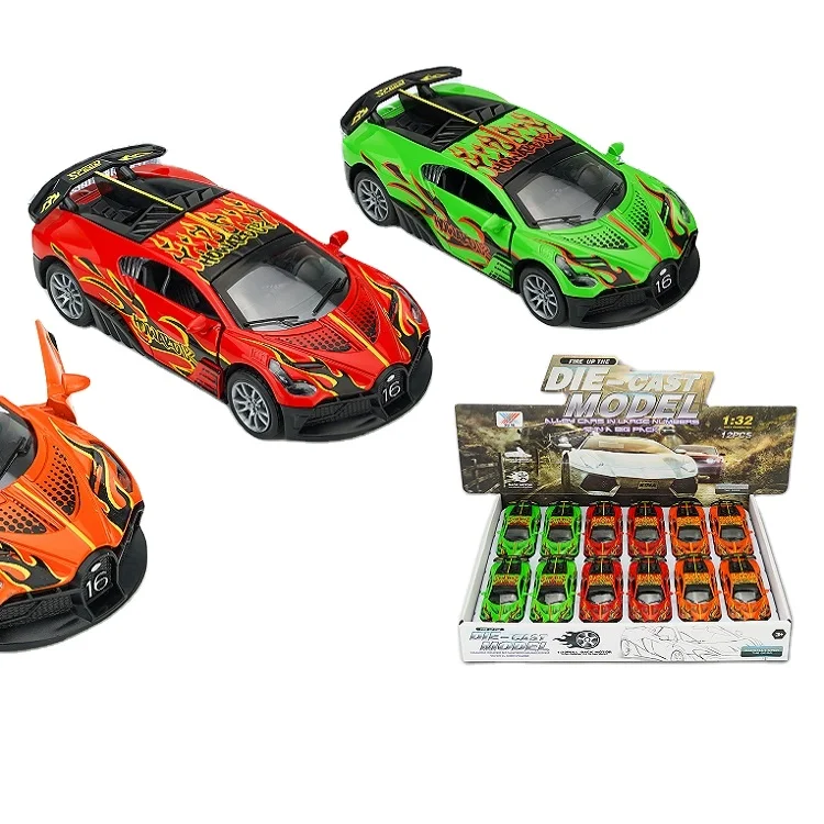 3 Color Mixed 12 Pieces/display Boxed 1:32 Alloy Model Bugatti Fire Dragon Door Pull Back Car for Kids