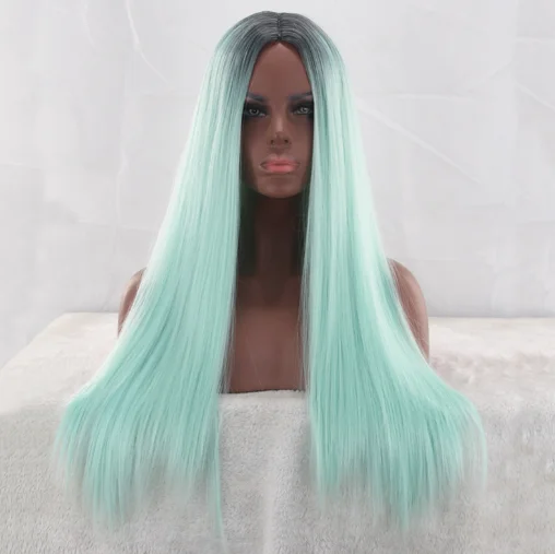 
 Парик из синтетических волос, длинные прямые волосы, зеленый парик из кружева спереди для женщин  
