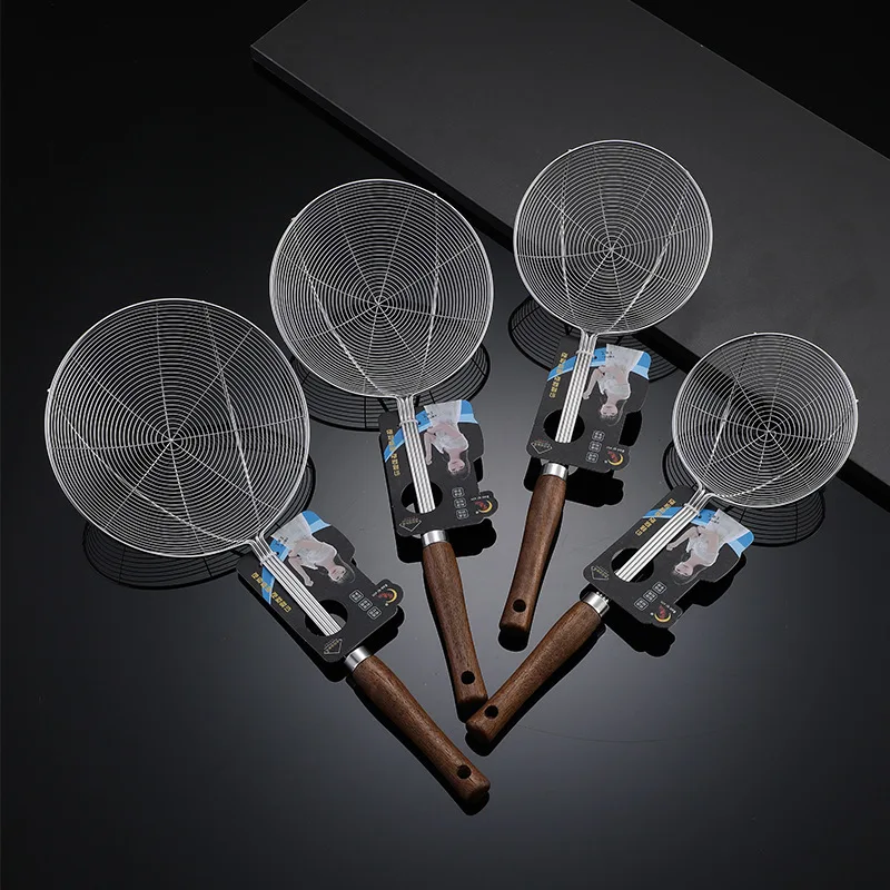 Wholesale Customized  Cooking Frying Utensils Wooden Handle Spider Strainer Skimmer Spoons Ladle