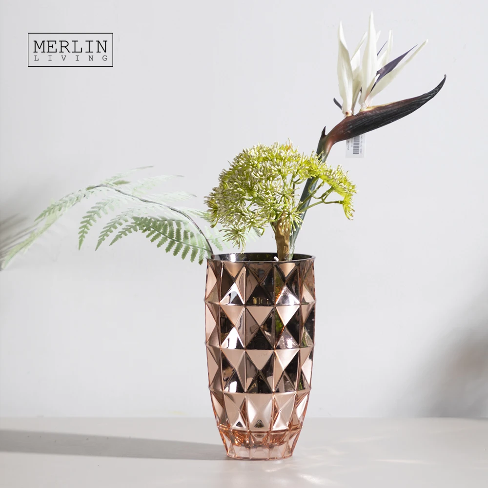 Зеркальная ваза из розового золота Merlin, роскошная стеклянная ваза с ромбовидным узором для цветов, ваза для домашнего декора