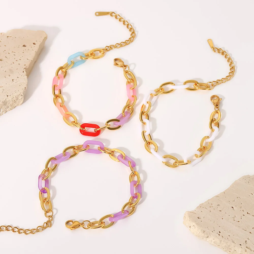 Ins Fashion Half Colorful Resin Link Cross Chains Half Stainless Steel Bracelets For Girls