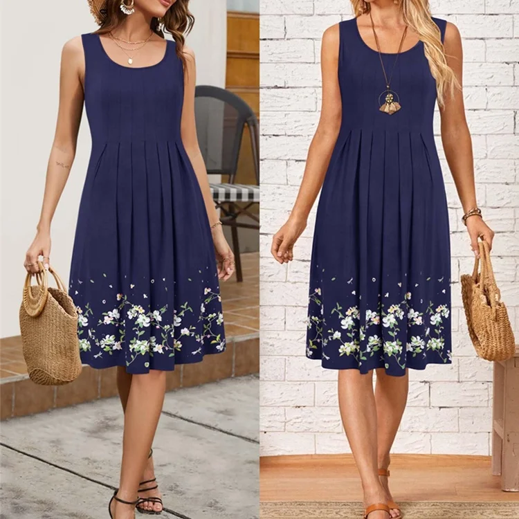 Womens Summer High Waisted Dresses Floral Print Casual Soft Pleated Sleeveless Crewneck Tank Sundress Midi For Boho Beach