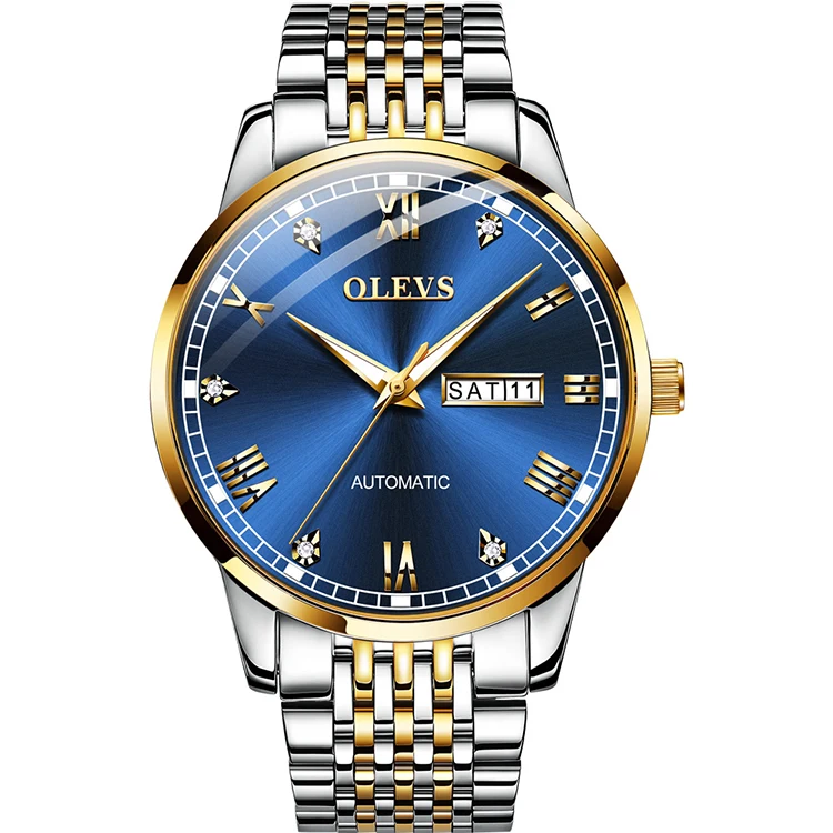
OLEVS OEM Luxury Automatic Movement Stainless Steel Custom Logo Waterproof Men Automatic Mechanical Blue Dial Men Watch 