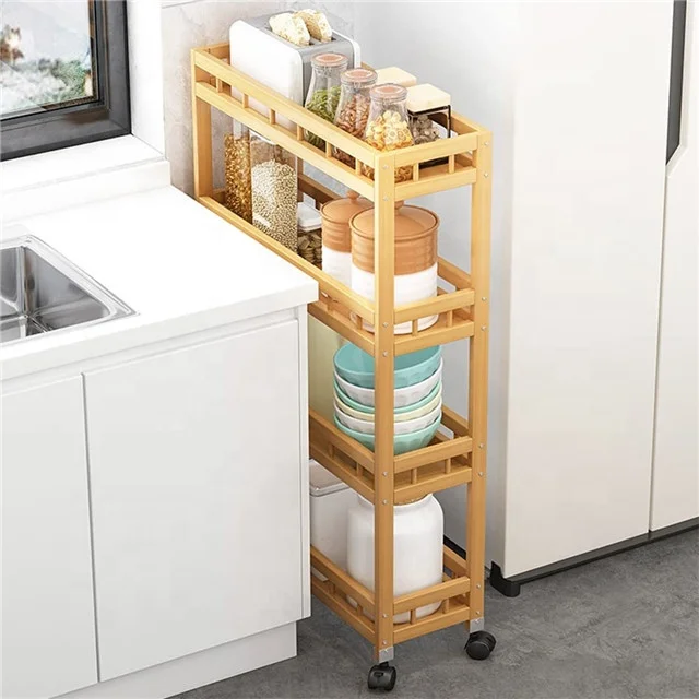 BSCI factory Natural Bamboo Kitchen Trolley, Storage Serving Trolley Cart