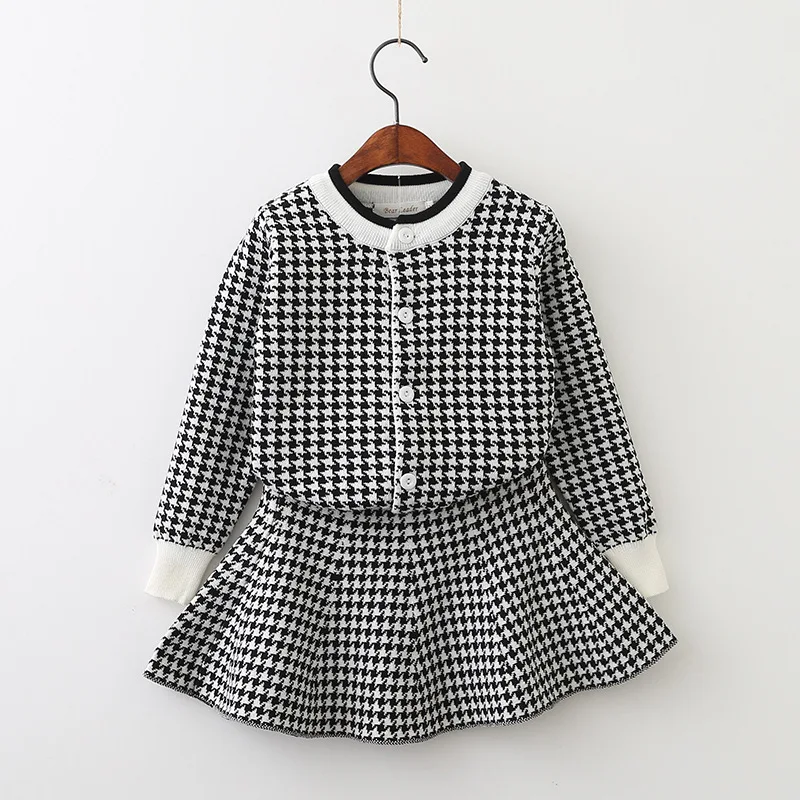 Girls Houndstooth Knit Set Black and White Plaid 2019 New Korean  Long Sleeve Sweater Cardigan Skirt 2 Pieces Children Set