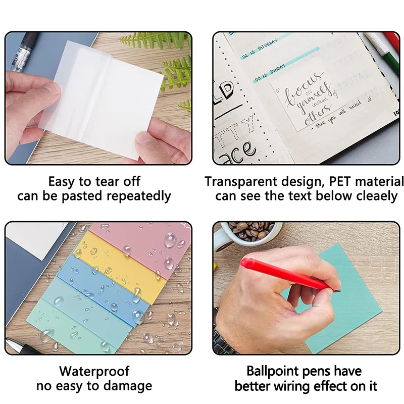 Transparent Clear Memo Pad 50 Pages Waterproof Pet Self-adhesive Book Tabs Sticky Notes