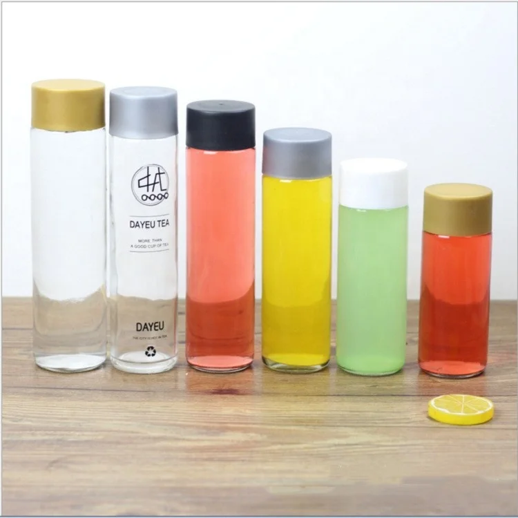 250ml 375ml 500ml 800ml Cylinder round voss style school glass bottle for fruit juice water drinking with screw lid
