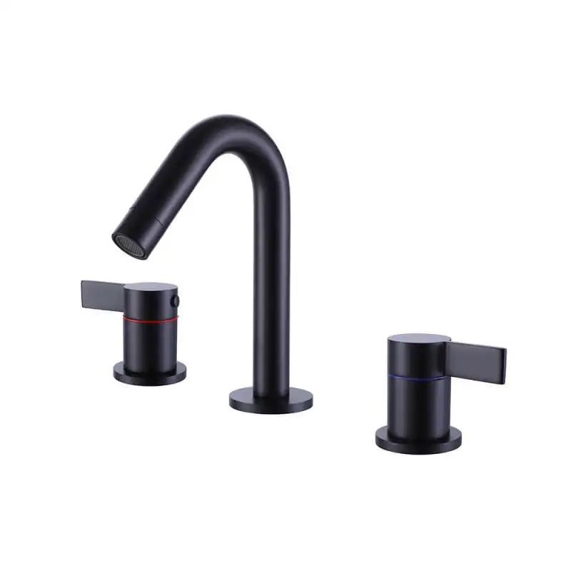 Deck Mounted Hot Sale Curved Spout New Design Dual Handle Bathroom Matt Black Brass Basin Faucet Mixer