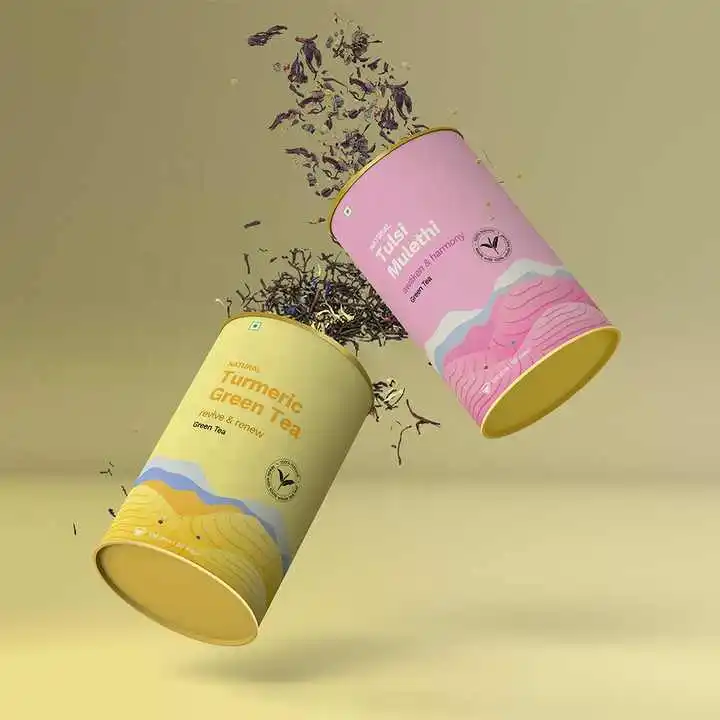 Empty Herbal Tea Paper Core Tubes Herbs Composite Cans Kraft Cylinder tube Box Packaging Canister with Metal Lid