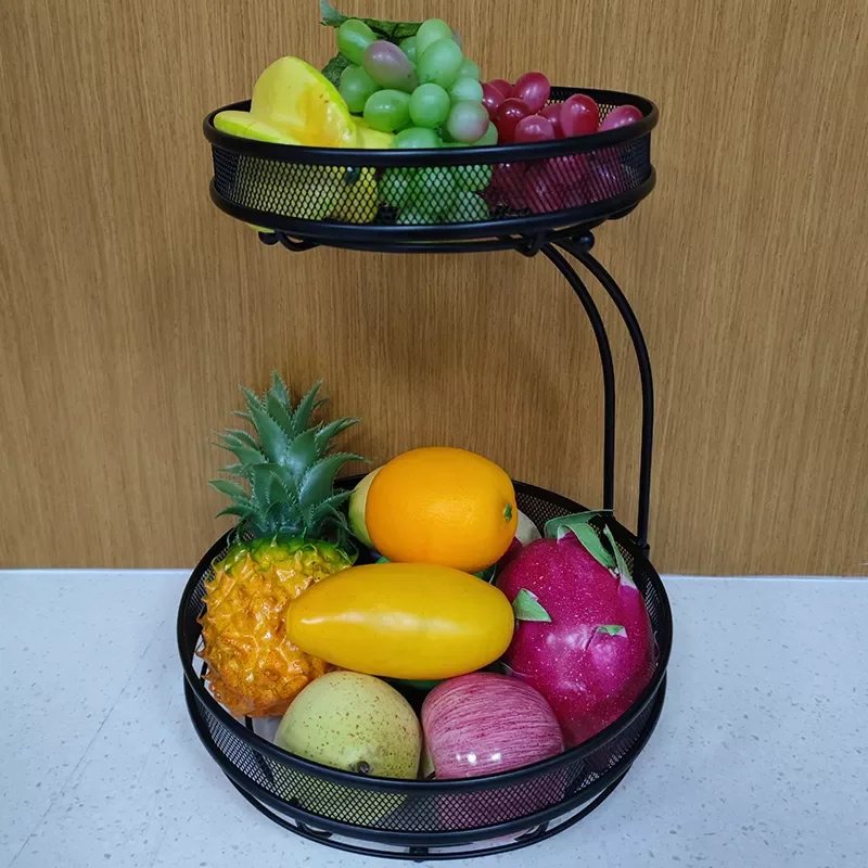 New design metal 2 tiers countertop kitchen stand fruit vegetable wire basket holder corner shelf rack with banana hanger