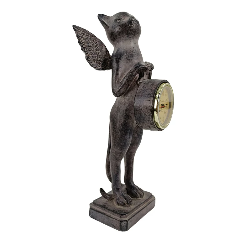 New Design 2021 Polyresin Cat Figurine Statues with Retro Clock Tabletop for Home Decoration