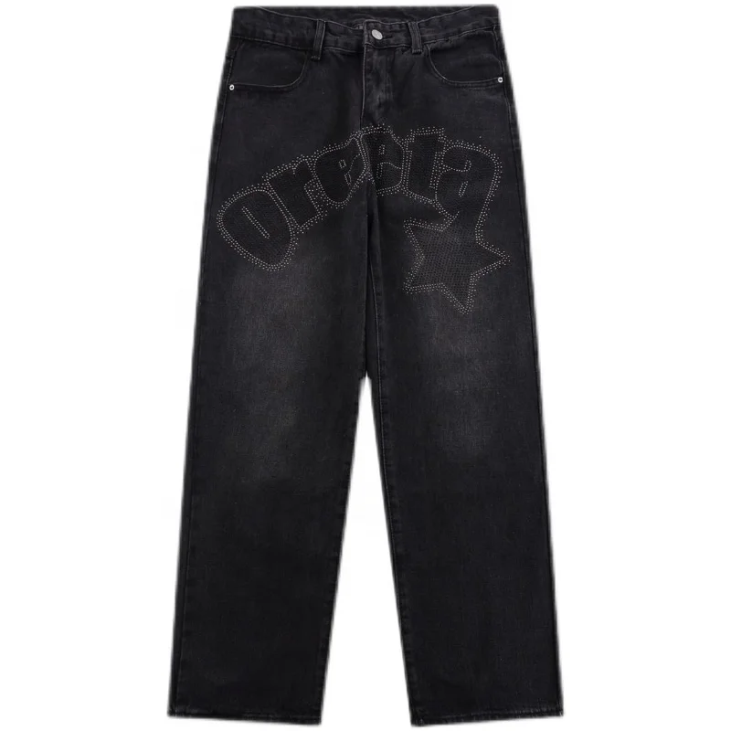 Custom Men Fashion Baggy Jeans Loose Fit Black Denim Pants Hip Hop Rhinestone Jeans Pant