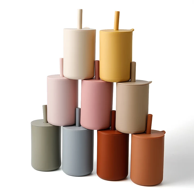 BPA Free Soft Reusable Kids Toddler Baby Training Drinking Water Silicon Cup Baby Sippy Cup With Straw Brand Silicone Cup