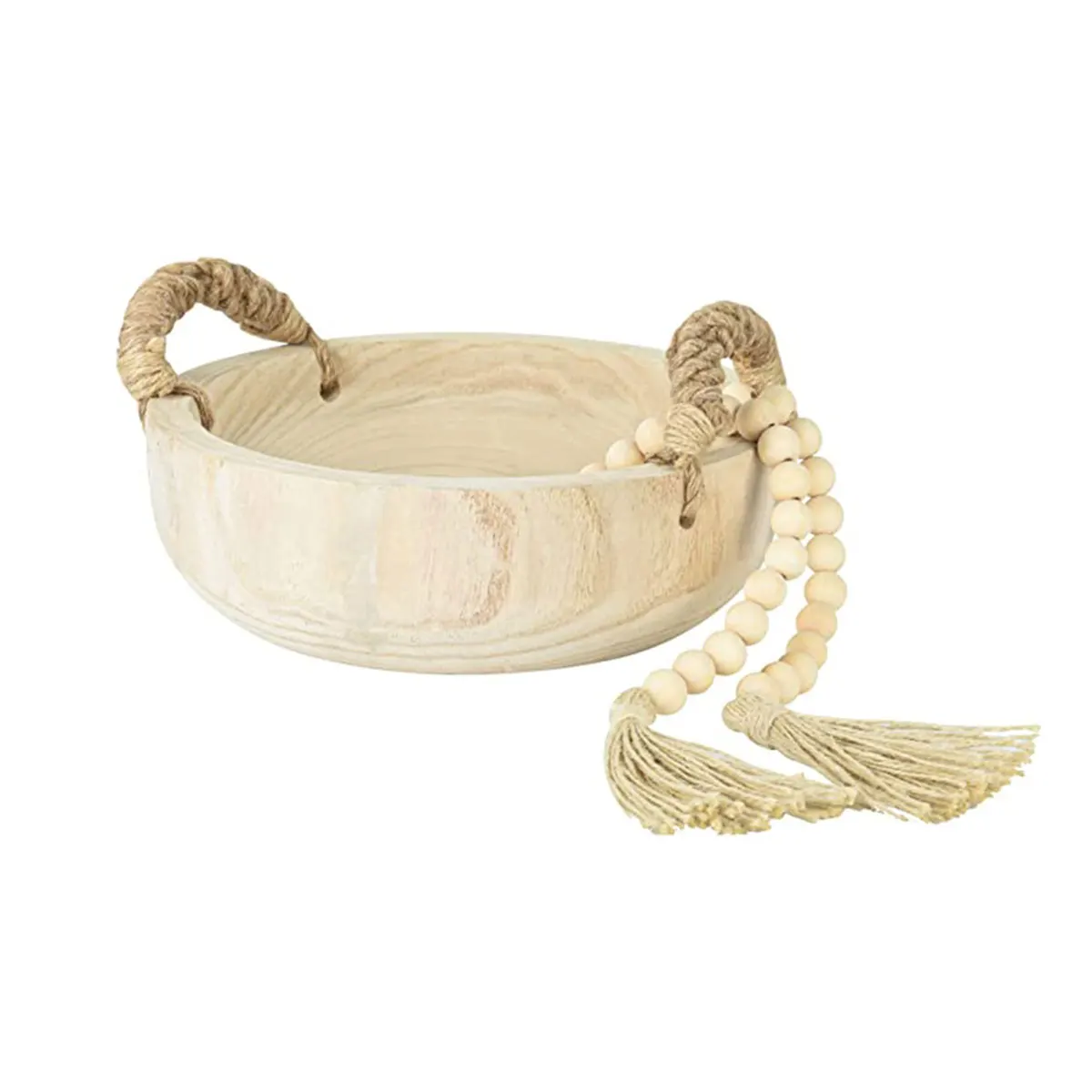 Paulownia Wood Bowl Rustic Natural Wooden Serving Bowl Handmade Fruit Round Bowl with Rope Handle and Wood Bead Garland for Home