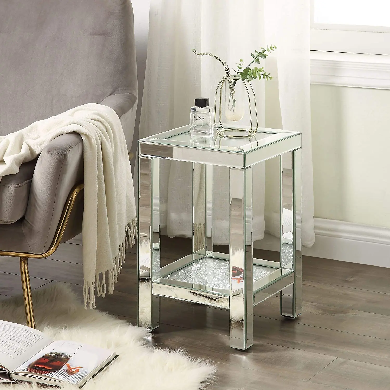 
Diamond Crystal Inlay Silver Bedroom Bed End Table Modern Sofa Coffee Side Table for Living Room 