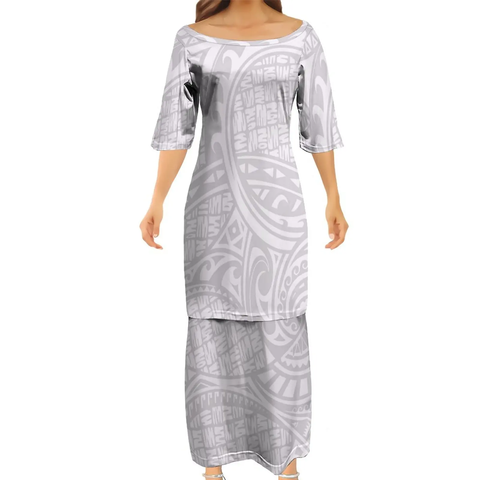 Milk Silk Polynesian Tribal Clothing Custom Puletasi Samoa Tonga Ptaha Church Top 2 Pc Skirt Set White Sunday Long Maxi Dresses