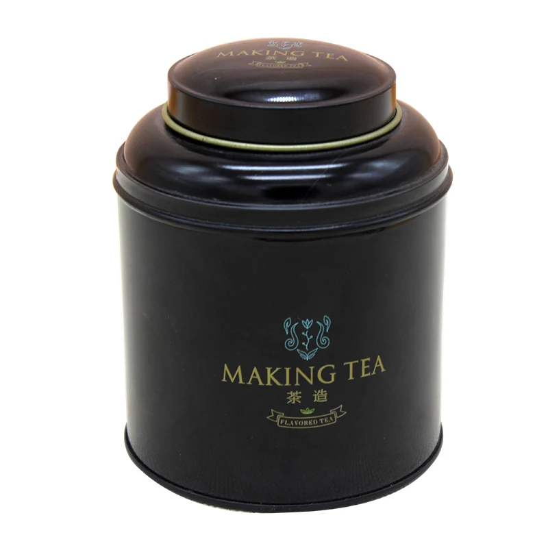 Black round shape customized metal tea tin box airtight tea tin case