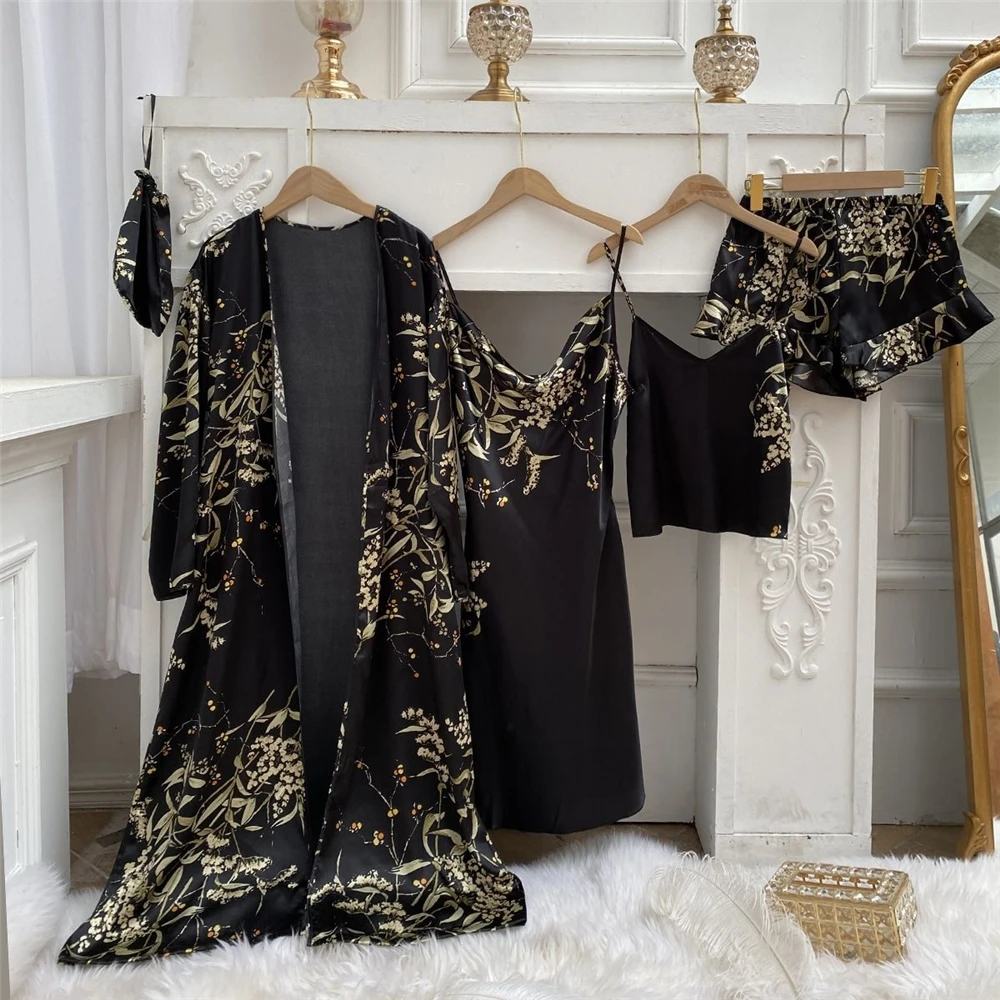 4 Pieces Set Custom Summer Silk Sleepwear Pyjama Sets Comfortable Satin Pajamas Women