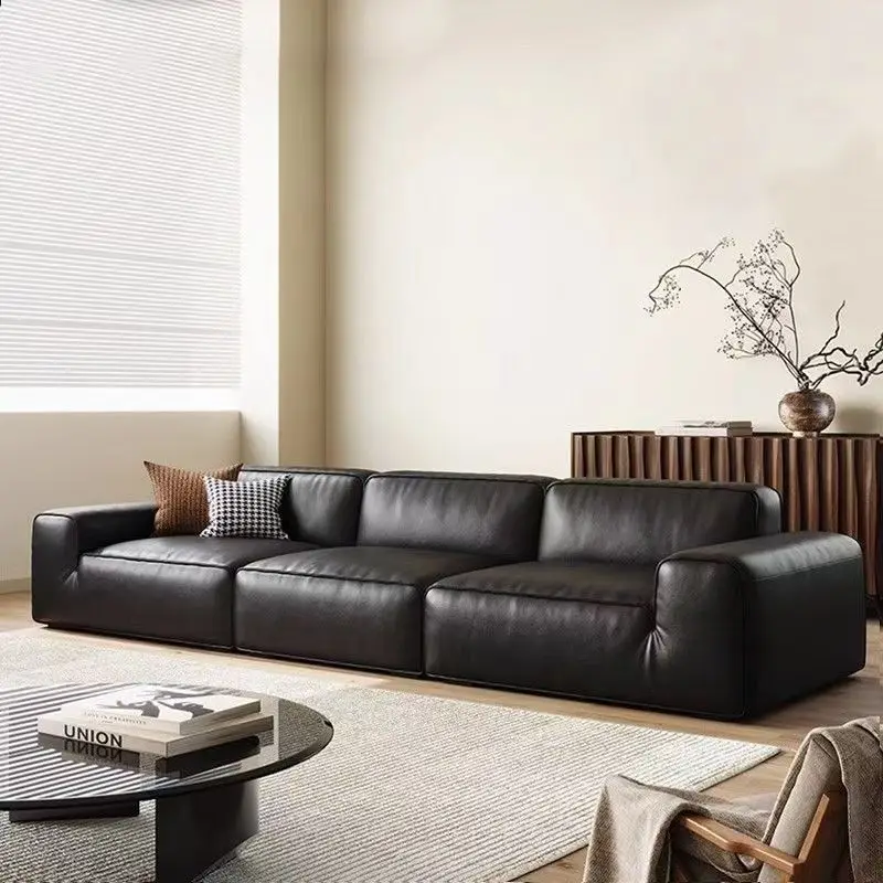 Black cow leather sofa living room Italian minimalist layer cowhide black tofu block all real leather sofa