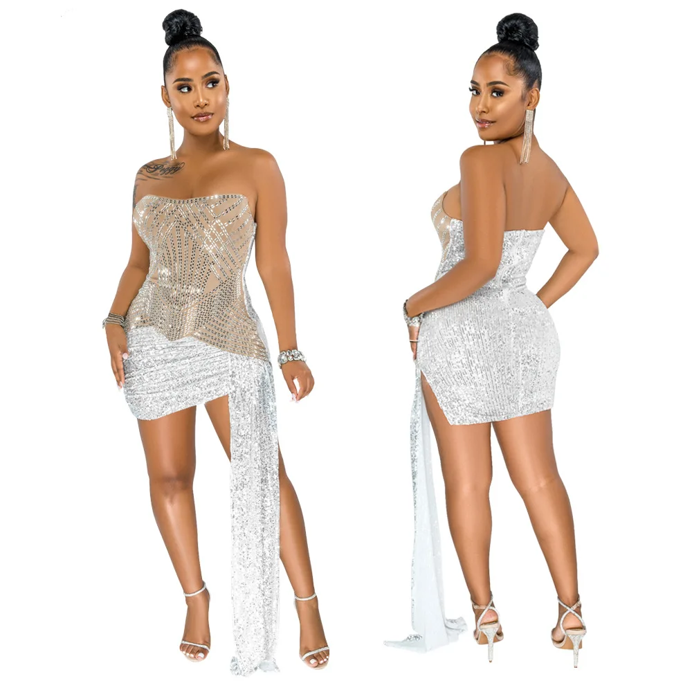 Off Shoulder Strapless Beaded Sequin Rhinestone Gowns Bodycon Mini Dress Woman Women Nightclub Dress