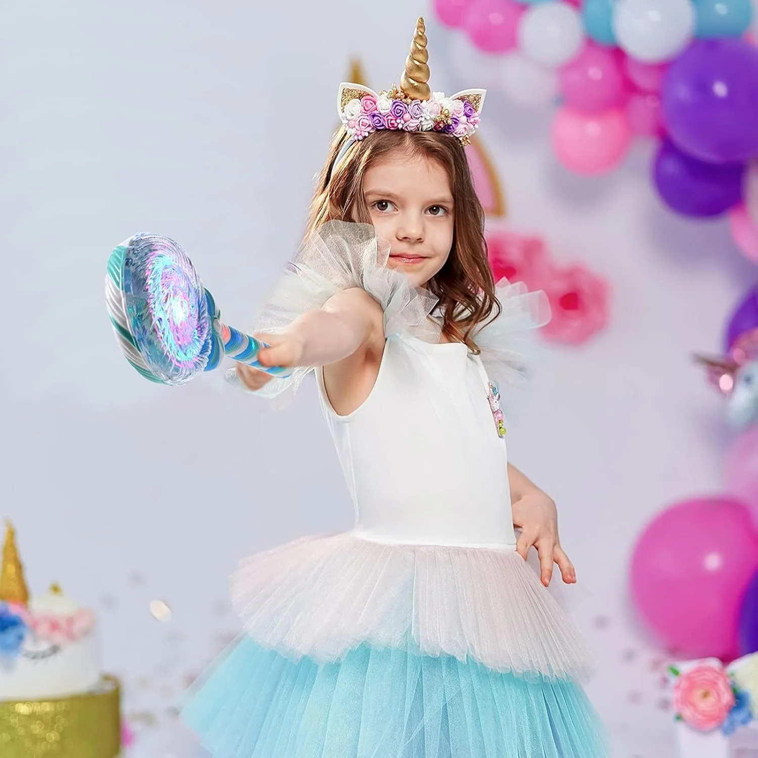 Light Up Spinning Lollipop Wand 12 Inch LED Princess Glitter Light up Wand Suitable for Pretend Play Prop Carnival Prize