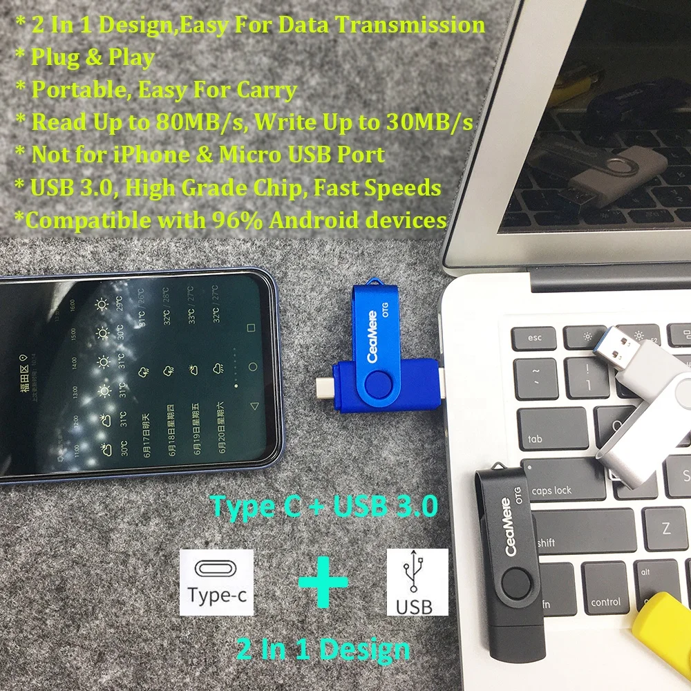 Original Ceamere CMC7 Dual U Disk Flash Drive 32GB 64GB 128GB USB 2.0 3.0 Memory Flash Drives Type C OTG USB Pendrive