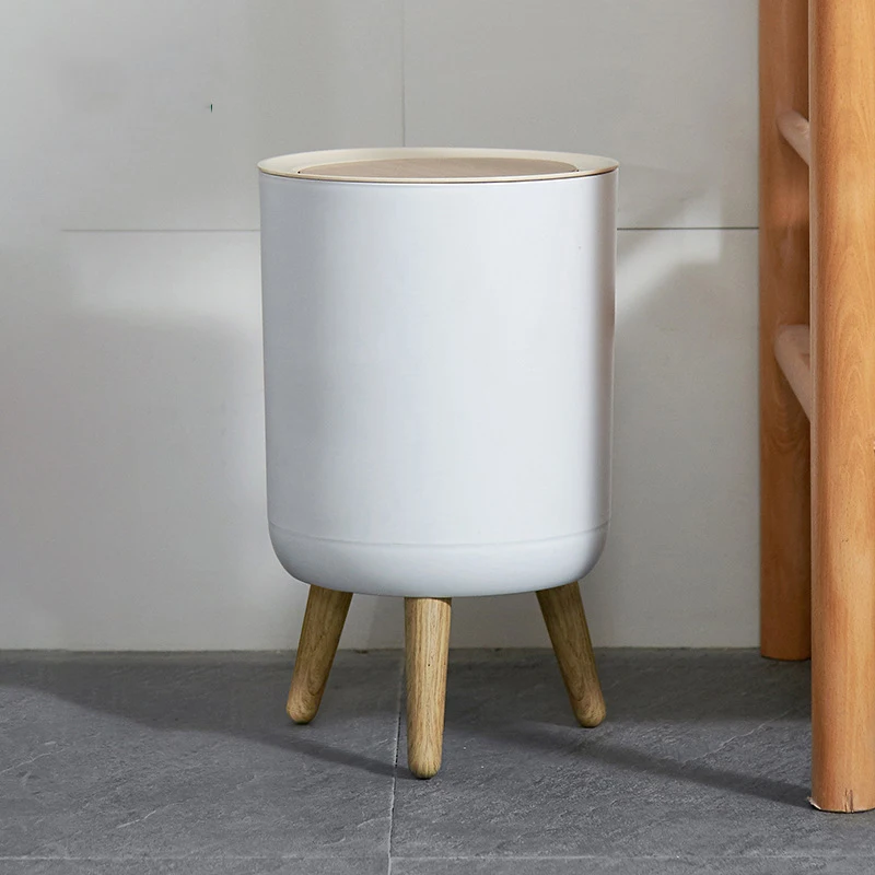 Household Innovative Waste Bins Hotel Wood Grain Press Tall Plastic Trash Can with Lid