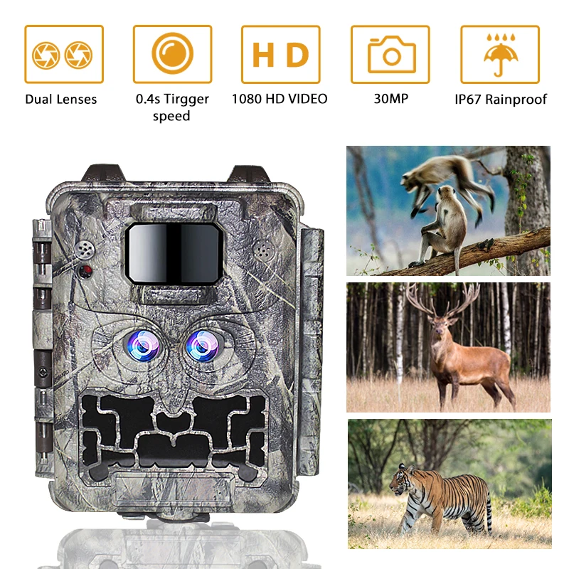 Dual lens hunting camera KW591 waterproof IP67 30MP 1080P 0.4s Trigger speed  night vison up to 512GB storage deer watching