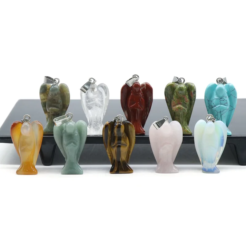 Wholesale natural crystal agate jade raw stone polished guardian angel carved jewelry leather rope pendant necklace