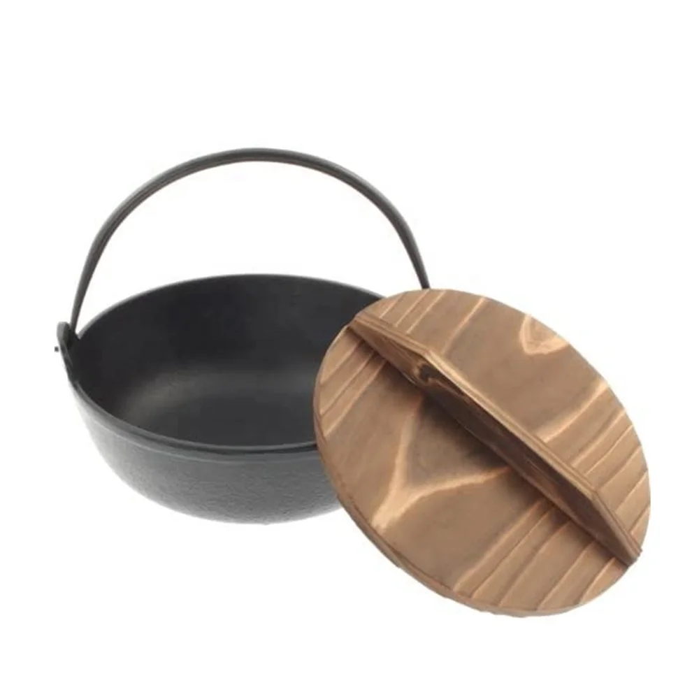 Cast Iron Sukiyaki Hot Pot / Cooking Pot with Wooden Lid
